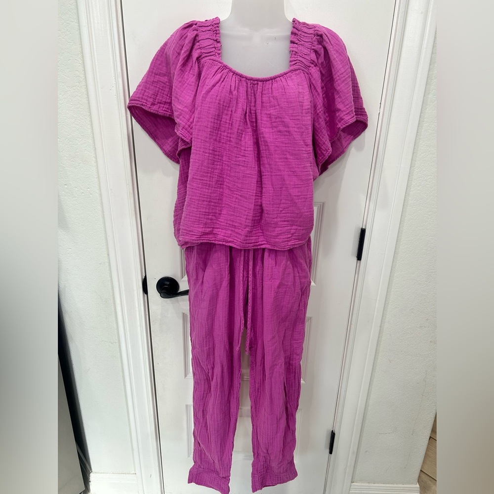 Xirena 100 % Cotton Casual Lounge Flowy Loose Frill Hot Pink Tank Pants Set Sz S